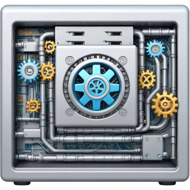 Computer server with gears and code symbols representing DevOps automation emoji