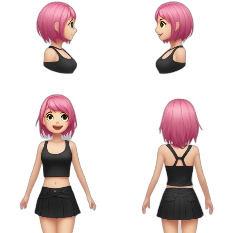 Full body Front view curvy emo girl pink hair sits on the floor straight view hands up black skirt белые трусики полосатые рваные чулки emoji