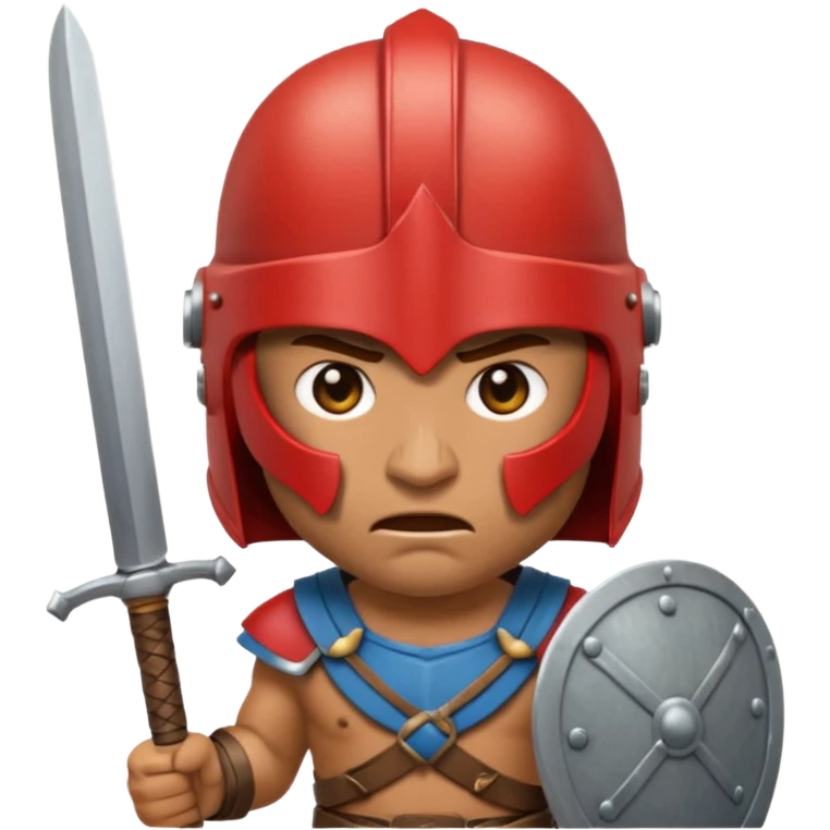 Emoji portrait of an entertainment slave (gladiator). He has an angry expression and wears a helmet, holding a short sword. emoji