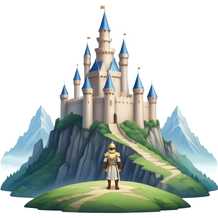 An icon featuring a hero with a closed visor, standing in a majestic, mystical landscape, inspired by RPGs like Elden Ring. The design includes a stunning, ethereal background with towering castles and distant mountains, symbolizing the adventure and mystery. Transparent background emoji