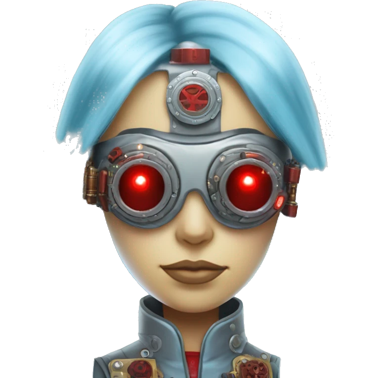 Light blue long hair female cyborg head with red steampunk goggles and circuits emoji