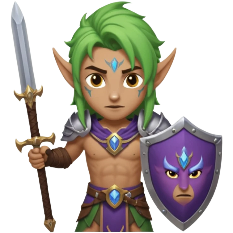 night elf warrior, simplified and bold, clear facial expression, holding a sword and shield, fun and readable at small size, sized and composed for Twitch emoji, no text emoji