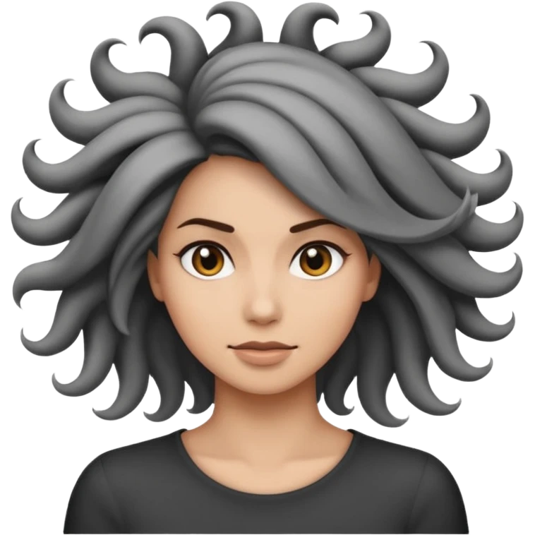 Minimalist emoji-style sticker of a woman’s head in profile, her hair spiraling into a vortex shape. Desaturated black and gray tones, emoji proportions.
 emoji