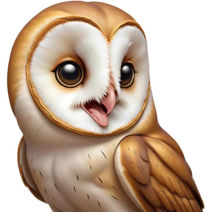 Cinematic Cute Yawning Barn Owl Portrait Emoji, Head tilted slightly with a dramatic, wide-open yawn, showcasing a soft, mottled plumage with subtle brown accents and gently drooping feathers, round amber eyes barely open in drowsy contentment, Simplified yet irresistibly adorable features, highly detailed, glowing with a soft, cozy glow, high shine, relaxed yet expressive, stylized with a touch of nocturnal whimsy, bright and endearing, soft glowing outline, capturing the essence of a sleepy yet affectionate owl, so drowsy it feels like it could glide out of the screen and curl up for a nap! emoji