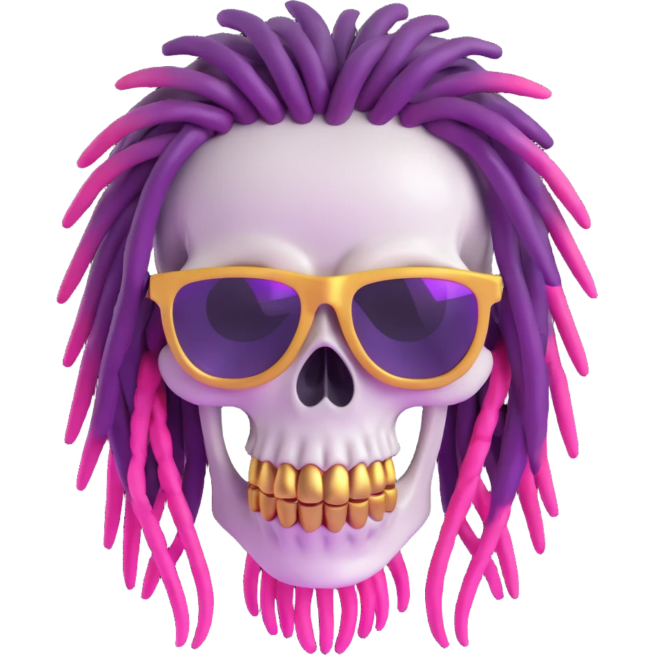 Remove the beard from the 3D cartoon skull with purple and pink ombre dreadlocks, gold teeth, and sunglasses. No tattoo on forehead. Keep the original 3D cartoon skull style. No background. emoji