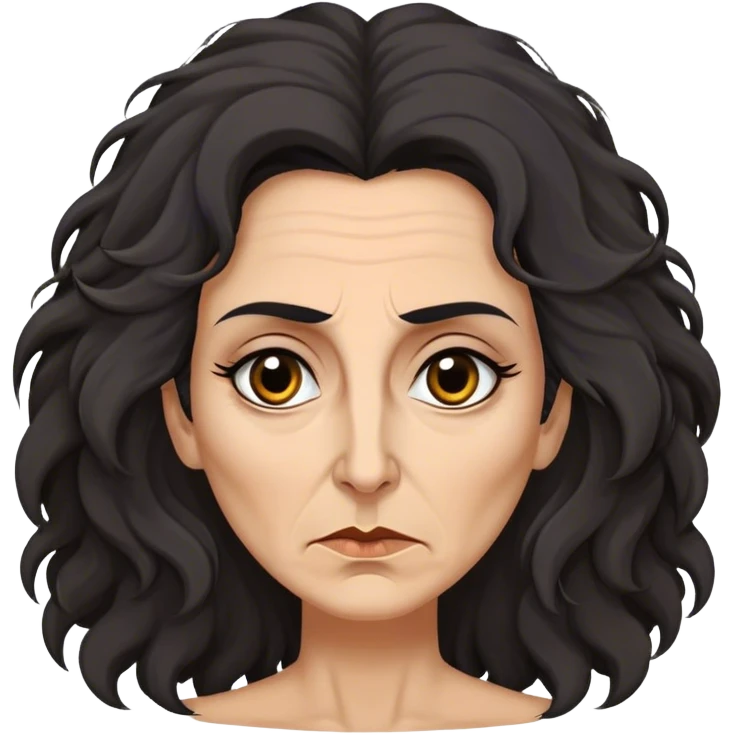 Mirri Maz Duur is a weathered, age 50 woman with deep-set dark eyes, high cheekbones, and a sharp nose, giving her a stern, knowing expression. Her long, unkempt dark frizzy hair  falls loosely over her shoulders emoji