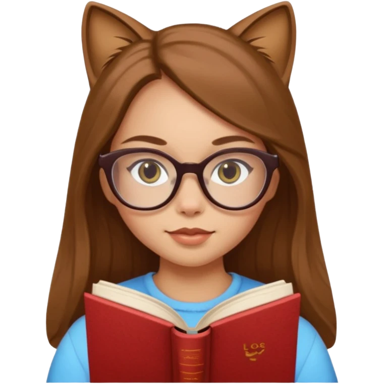 ACB clean beautiful girl long brown hair, wear glasses cat eye, reading a book emoji