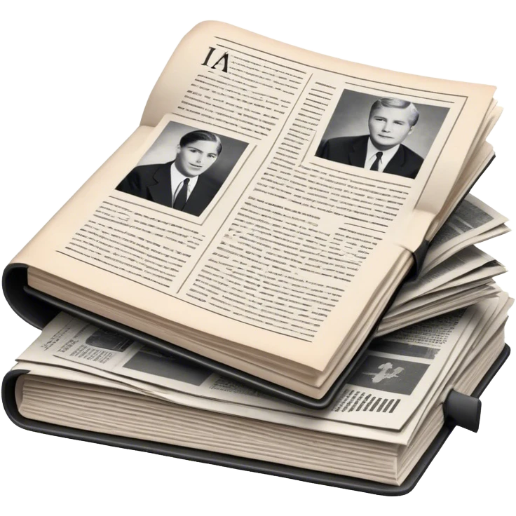 Icon for Non-Fiction & Narrative Reading: an open book with black-and-white photos on the pages, surrounded by a pile of newspaper clippings, and an open folder with top-secret documents. The icon should reflect the blend of real stories and facts in non-fiction literature. Transparent background. emoji