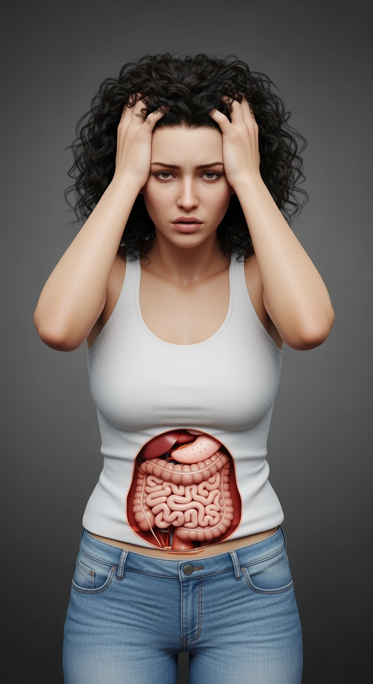 DONNA stanca con intestino realistico in evidenza che si tiene le mani sulla testa, iperrealistici 4k, non disegnati emoji