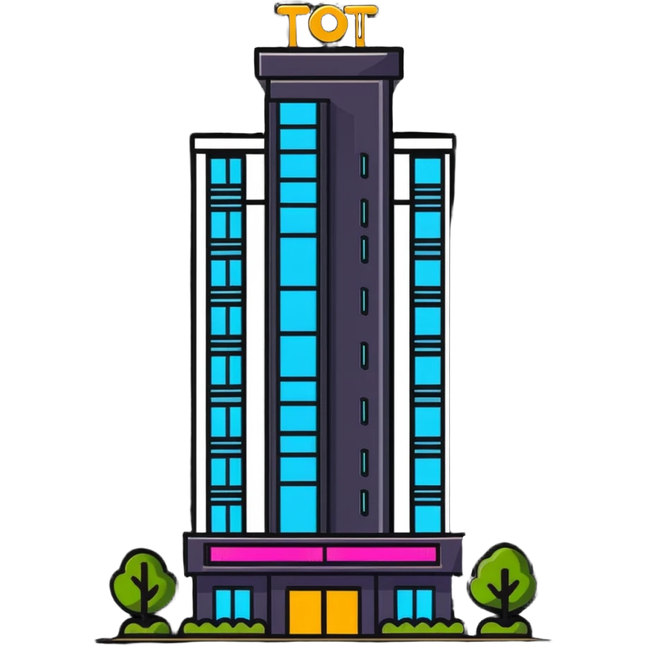 tall hotel building with illuminated sign and entrance emoji