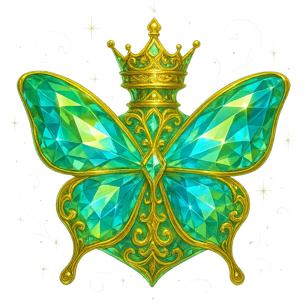 Create an impressive, luxurious crystal butterfly-shaped bottle with a short neck and a princess crown on top. Colors should be light green (#c0ff53), blue, and similar shades blending like a gemstone with many facets, glow, light refractions, and transparency. Add more details, ornaments, and subtle magical effects around to look fantasy style and very luxurious. Keep golden details, transparent background, a beautiful merging bottom, and the bottle floating in the air with no base or shadow. The style should be elegant and fantasy-inspired crystal art. emoji