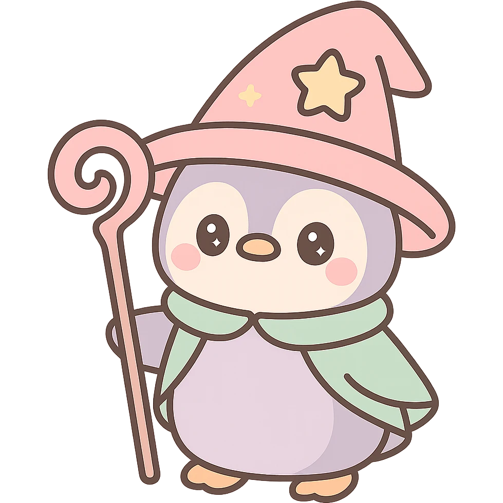 cute penguin wizard wearing a magical hat and holding a staff, fantasy style emoji