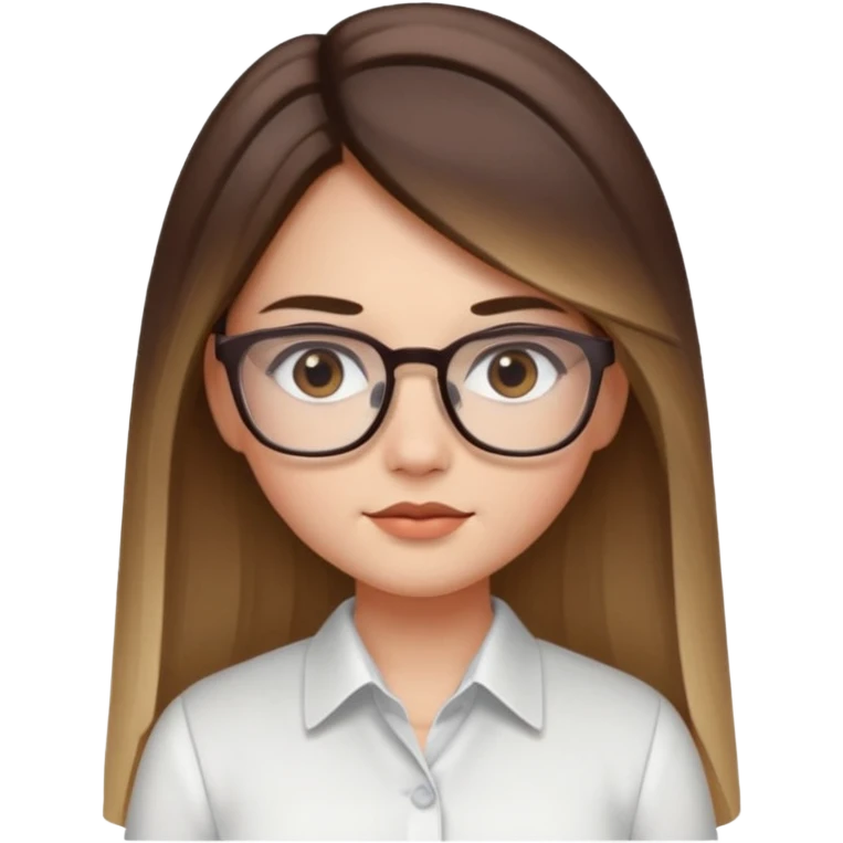 Chica de piel blanca con cabello liso largo con balayage, ojos cafe obcuro con lentes cuadrados, gordita, camisa e vestir blanca emoji