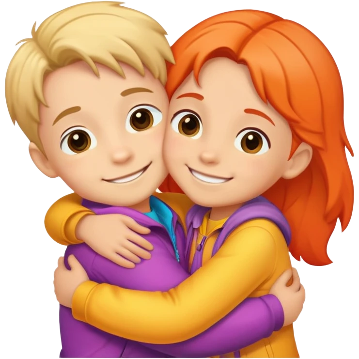 Cute colorful sticker: two small children hugging each other. The kids are smiling, wearing bright clothes. Style: cartoonish, cute, warm, with soft lines. White or transparent background. emoji