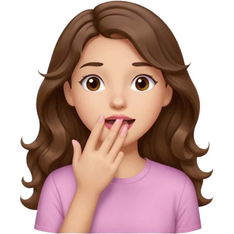 girl with wavy long brown hair, brown eyes, light to medium complexion, long lashes, light pink lipstick, wearing light pink shirt, sexy, gigling hand covering mouth emoji