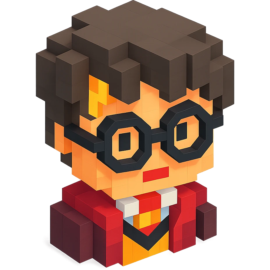 3D Minecraft-style voxel emoji of a Harry Potter character, blocky and cubic, with round glasses and a lightning bolt scar emoji