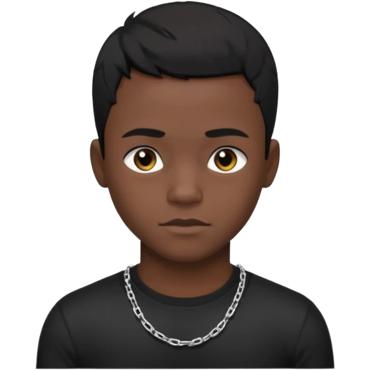 Generate a emoji of a black boy wearing a black compressed T-shirt with short black hair and make him wearing a silver chain and make the chain thin emoji