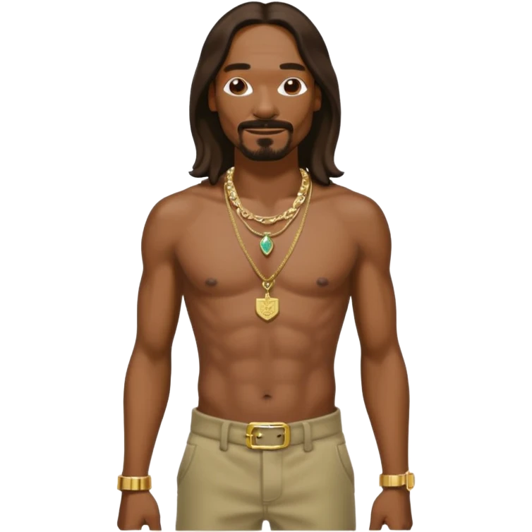 Snoop Dogg with dark brown long hair, shirtless with necklace, khaki pants emoji