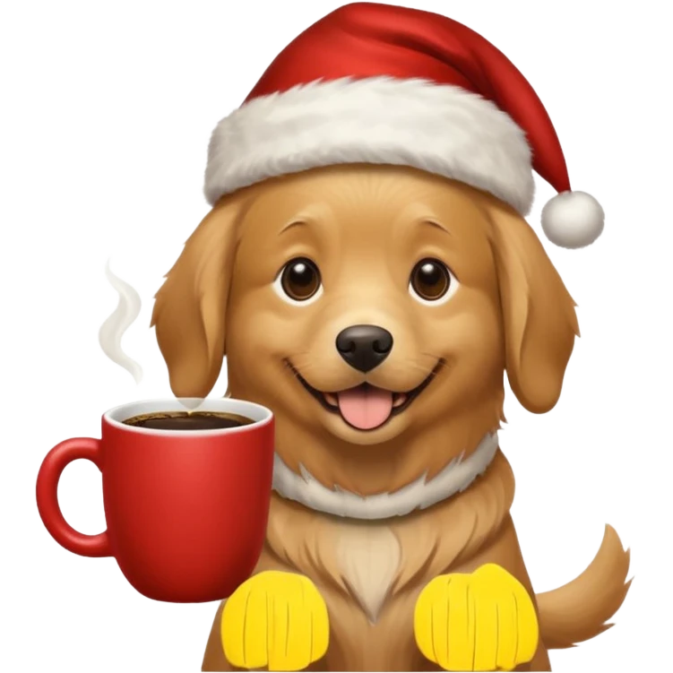 Un perro con un sombrero de Navidad que tenga una taza de café en la mano emoji