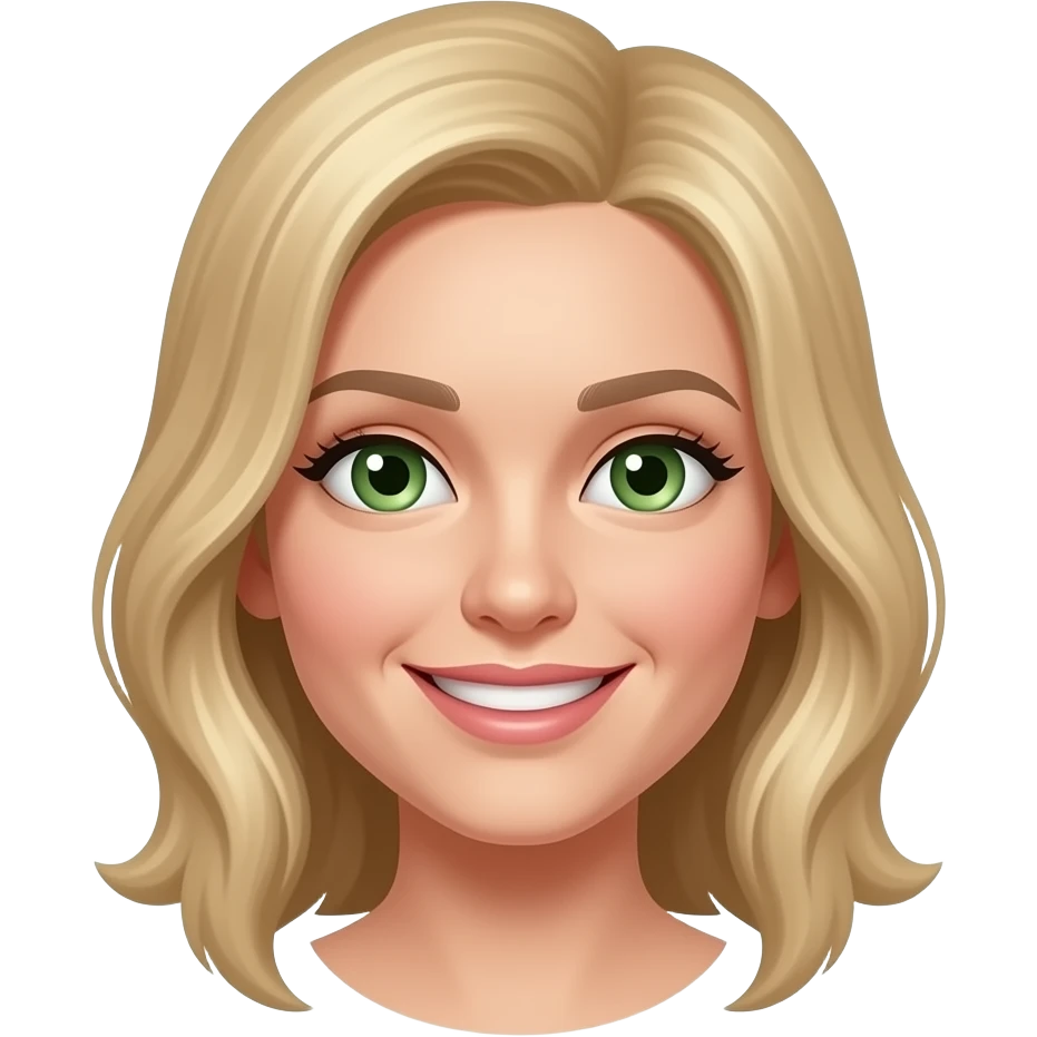 face of woman with blond hair and green eyes, smiling emoji