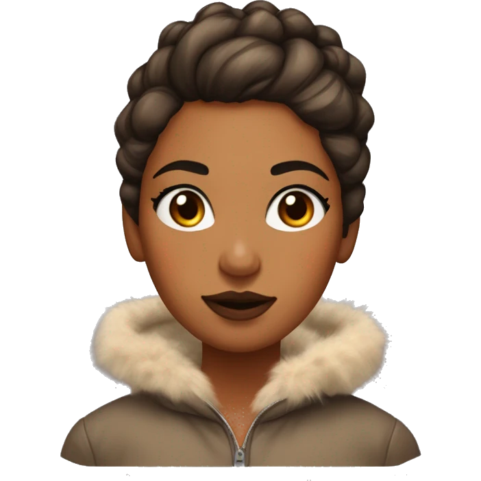 girl with orange skin, brown hair in a messy bun, with a shiny coat with fur hood, large eyebrows and lightly coloured lips,heavy bronzer  emoji