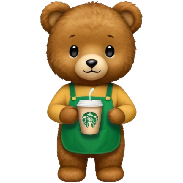 teddy bear wearing green apron with one cup of starbucks coffee emoji
