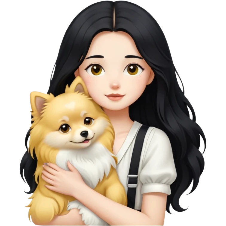 A girl with fair skin, long black hair, white suspenders, hugging a pure yellow long-haired Pomeranian emoji