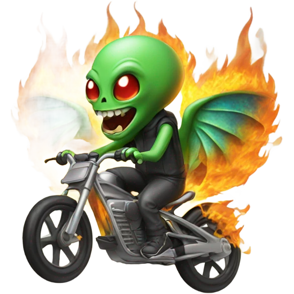 Alien with wings on a bike that’s on fire  emoji