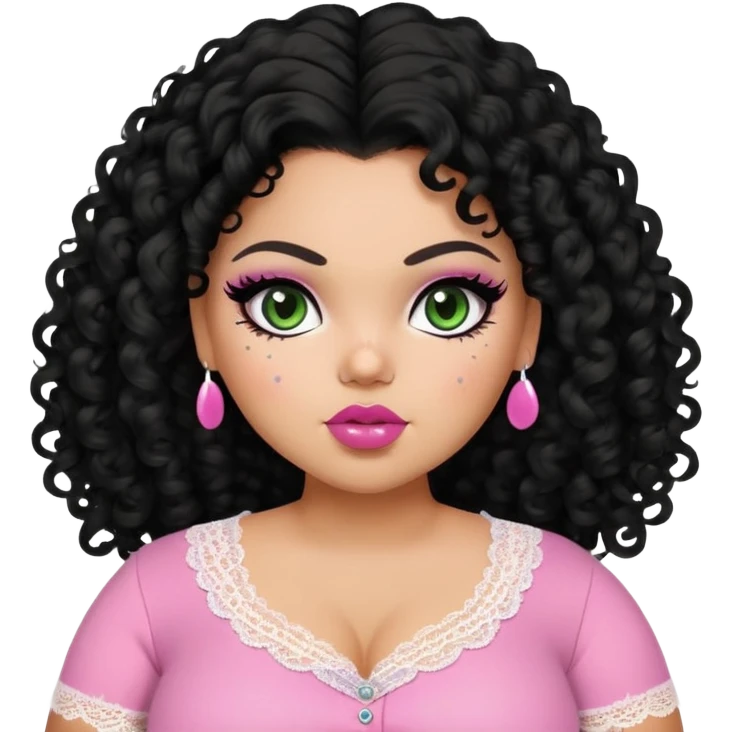big fat plus size, pretty bratz girl, black curly hair, freckles, dark green eyes, pink lips, black eyeliner, tan skin, cute lace girly clothes emoji