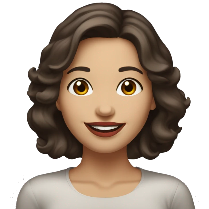 A cheerful woman in her 30s with fair skin, shoulder-length wavy dark brown hair, and a round face with prominent cheekbones. She has hazel eyes, full lips with red lipstick, and a warm, friendly smile. emoji