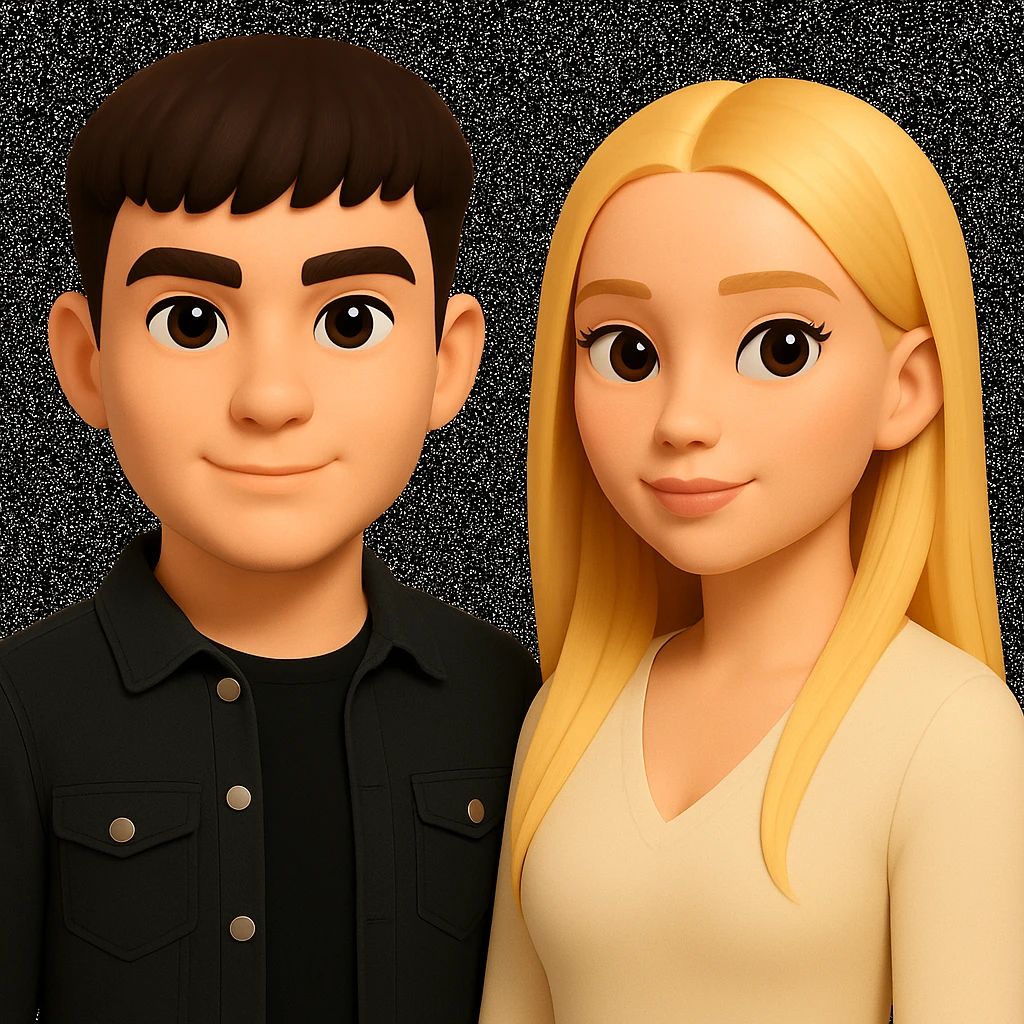 Slightly increase the volume of the upper body of the girl, separate the girl and the boy from each other, and make the skin color the same for both characters. Maintain the cartoonish 3D style in the edit. emoji