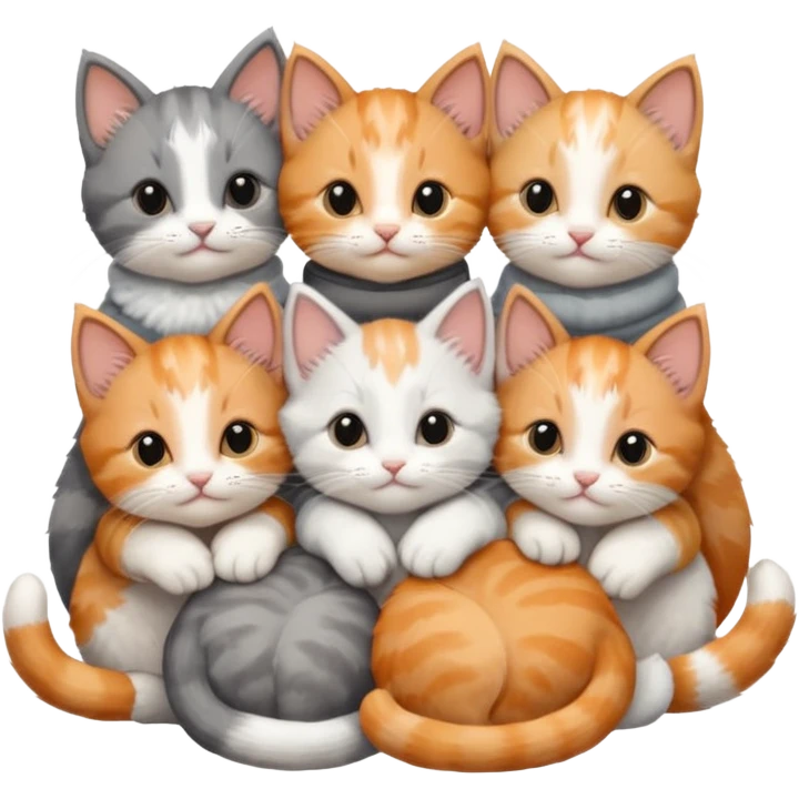 6 tiny kittens cuddling together all various different natural colours including solid grey with white mittens, grey and white, ginger and white, calico, and brown and white emoji