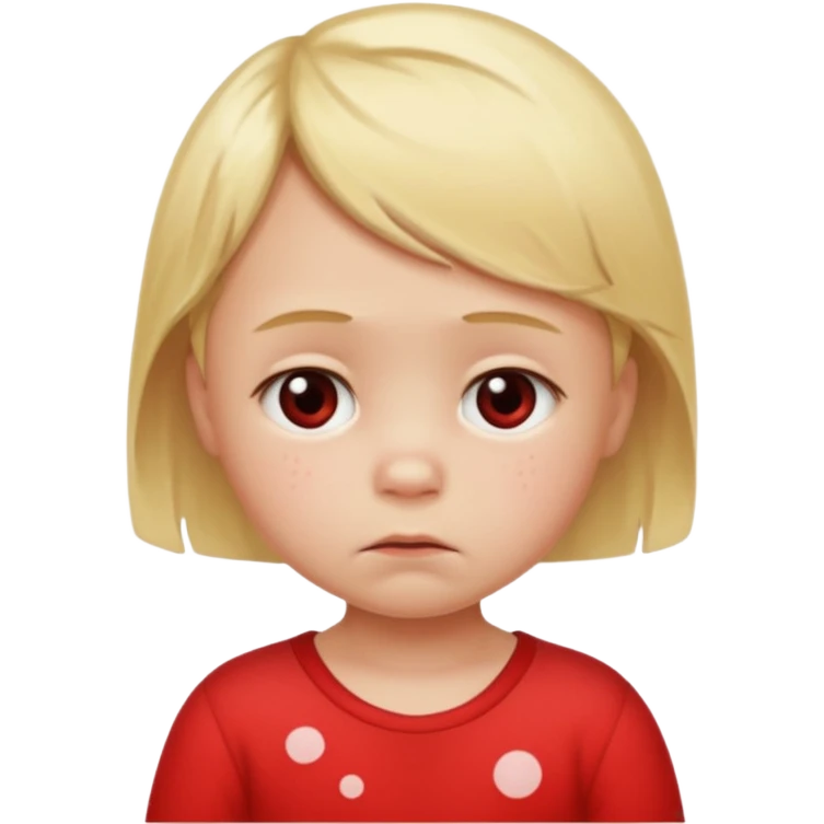 bebe com bolinhas vermelhas pequenas pelo corpo de tamanhos variados e loiro com cara de triste emoji