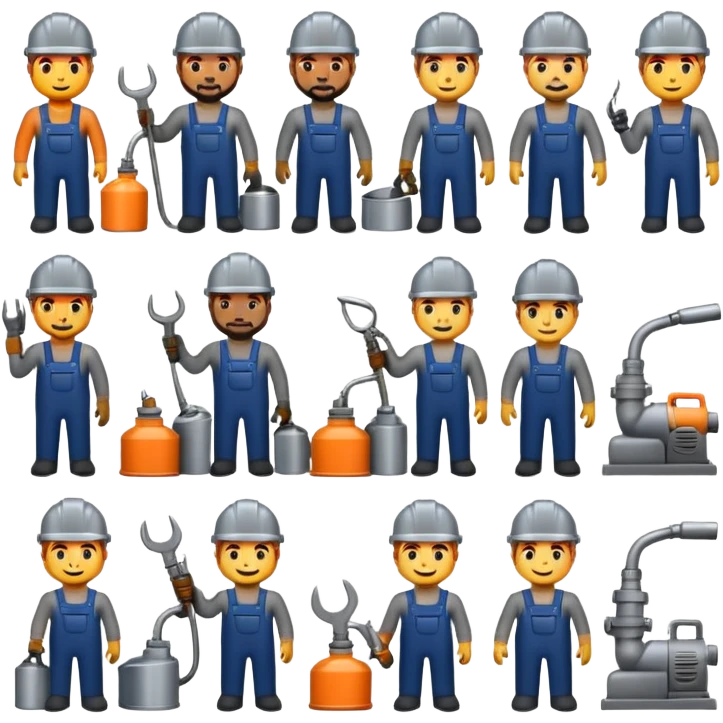 Professional custom emojis of industrial workers: welder, grinder, CNC operator, spray painter, metalworker. Modern, clean, slightly 3D style. Industrial color palette: steel gray, navy, orange. Transparent background emoji
