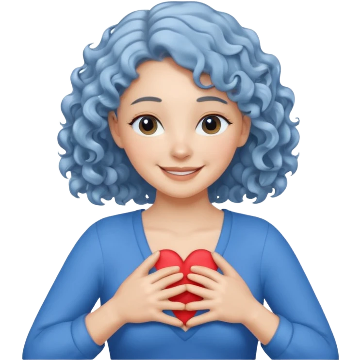 silver, wavy/curly hair chin-length lady giving hug with 2 arms, blue v-neck and smilingm add a heart emoji