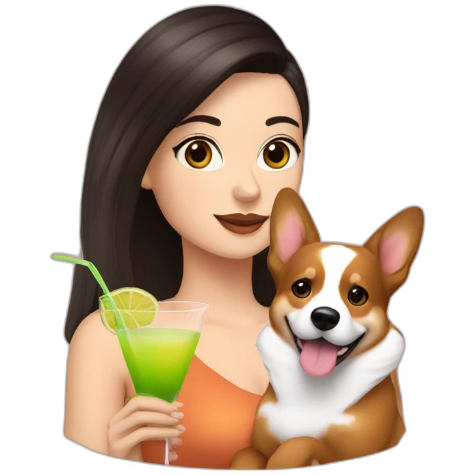 a white girl with dark hair holding a corgi and a cocktail emoji