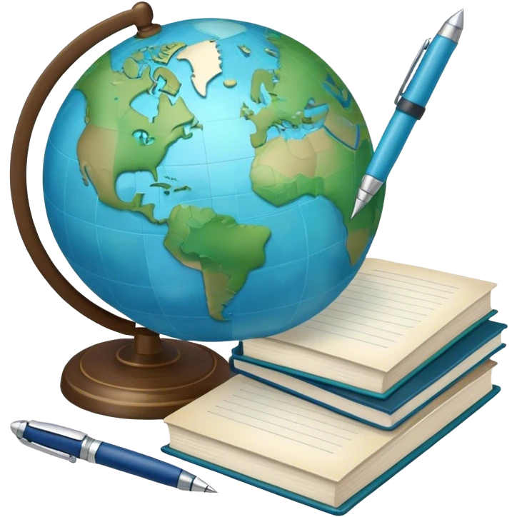 Create an emoji representing language translation. The design should feature just one globe in the background, symbolizing international communication. In front of the globe, place two books or sheets of paper with texs on them and a pen nearby to indicate the act of writing. Use a clean and professional color palette with blues, greens, and neutral tones. Make the background transparent. emoji