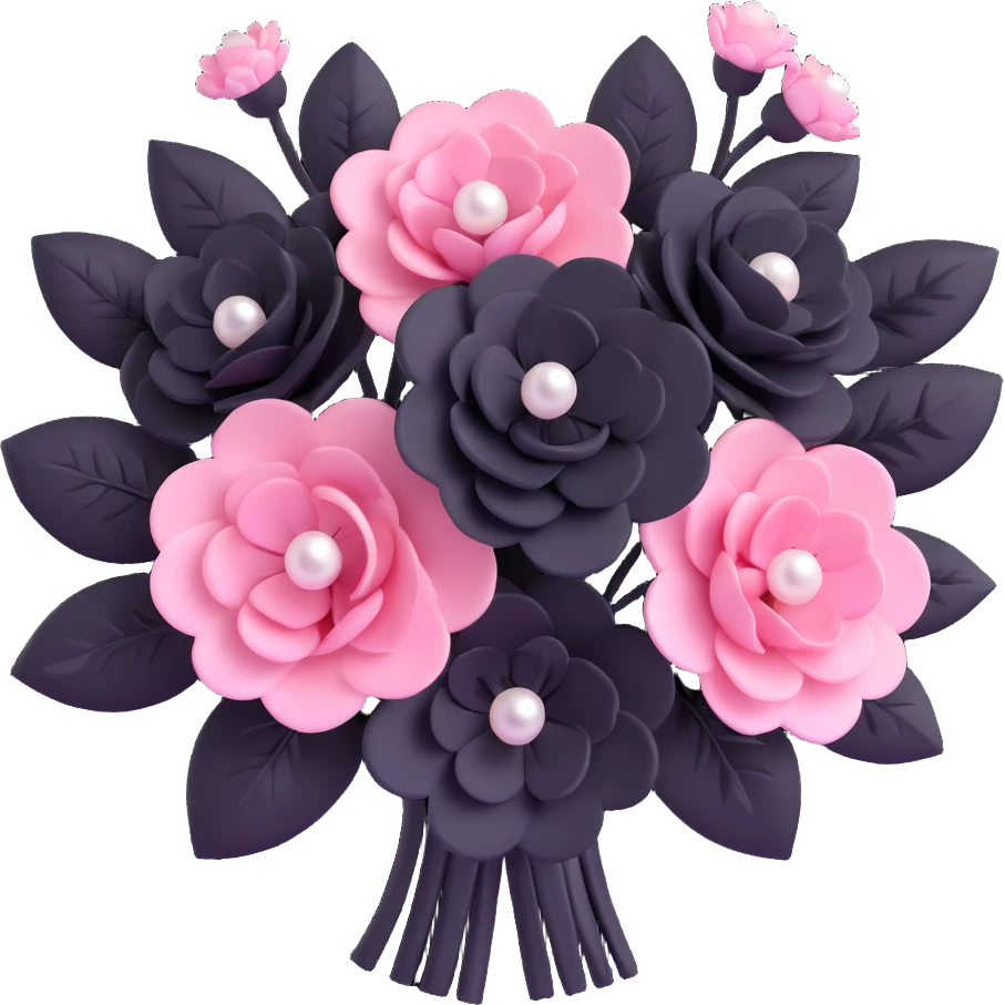 minimal 3D gothic bouquet with pearls, pink and black flowers, simple and elegant emoji