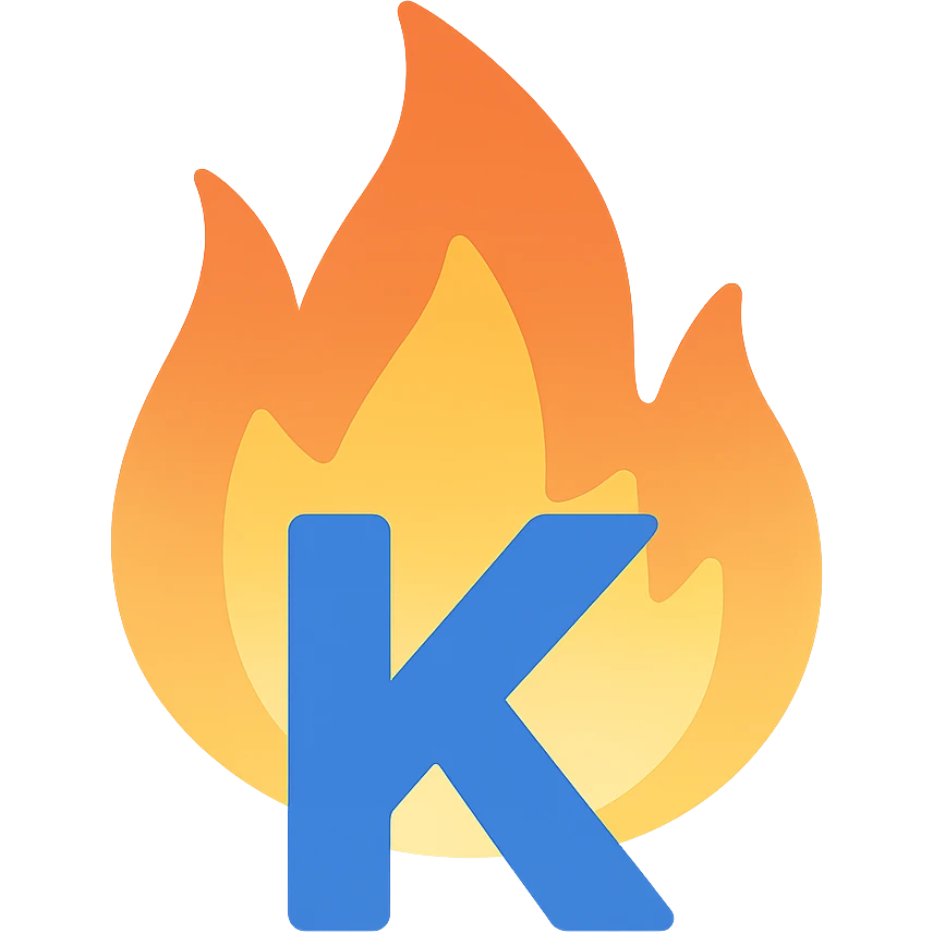 bold full color letter 'K' with dramatic flames around it expressing frustration emoji