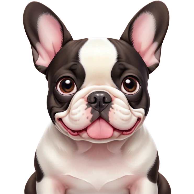 Cinematic Cute Pied French Bulldog Portrait Emoji, Head tilted with a sweet, mischievous grin and large, inviting eyes, featuring a unique pied fur of contrasting colors, simplified yet irresistibly endearing, highly detailed, glowing with a warm, playful radiance, high shine, exuding a quirky charm and affectionate personality, styled with a soft, lighthearted outline, capturing the essence of a cute Pied French Bulldog that looks ready to charm its way into your heart! emoji