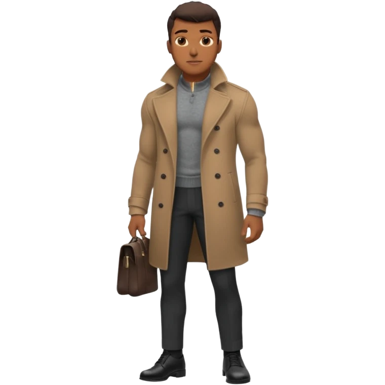 Handsome Black guy with brown skin tone, with lean muscular build, wearing black slacks, a gray sweater, long brown pea coat, and black shoes emoji