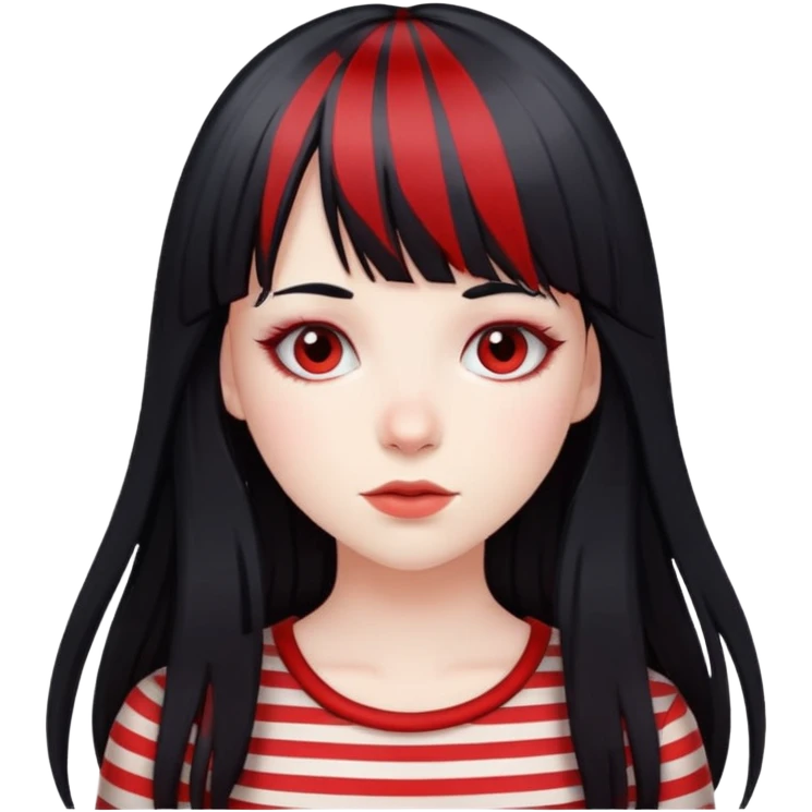 Pale girl, long black hair with red striped hair and bangs emoji