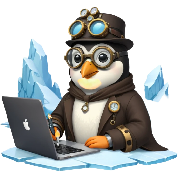 an steampunk engineer penguin writing code on a laptop, on an iceberg emoji