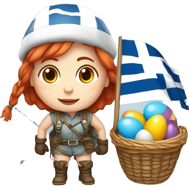 Greek Female winter mountaineer red hair white skin climbing with Greek Flag and Easter eggs basket emoji