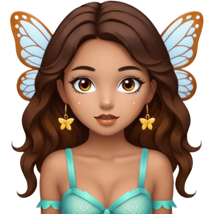 Pretty girl with caramel skin. Dark brown hair and brown eyes. She has freckles. Wearing sexy makeup. Wearing a fairy costume. wearing white fishnet tights on legs and heels emoji