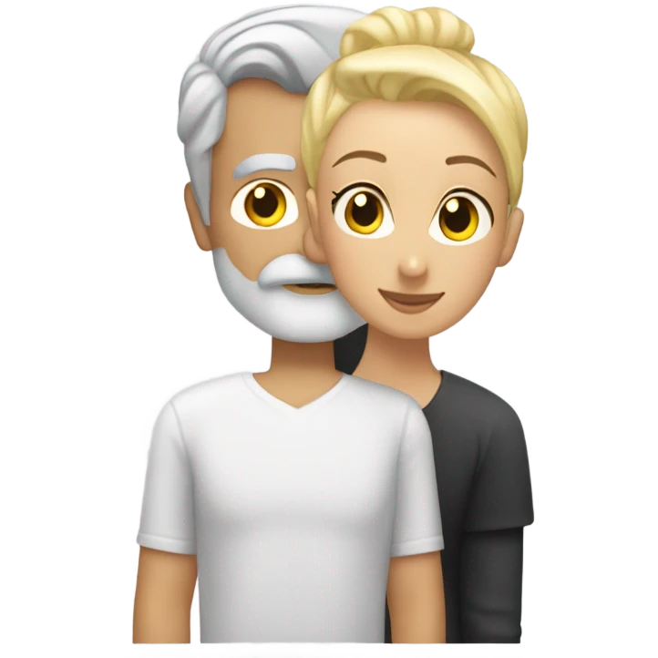 Handsome greying man with a manbun kissing blond athletic woman with pixie cut emoji