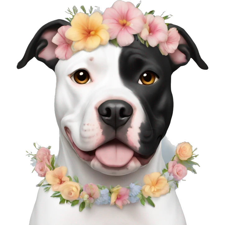 Black and white Pitbull with floral crown emoji