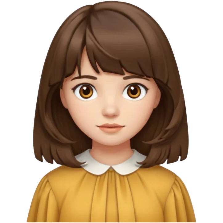 Girl with medium wavy/straight brown hair and curtain bangs  emoji