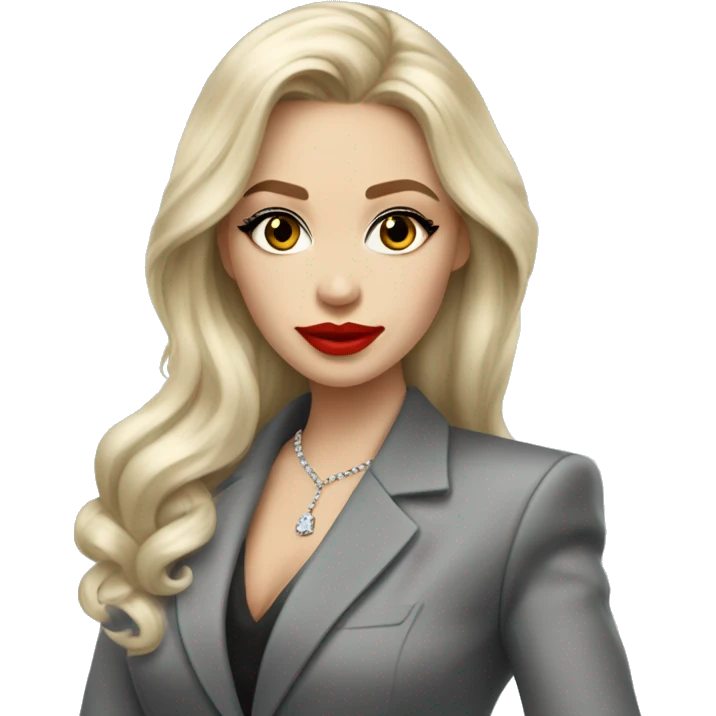 Russian Blonde long hair with big red lips small nose and black eyes Tiffany diamond seller in a grey suit emoji