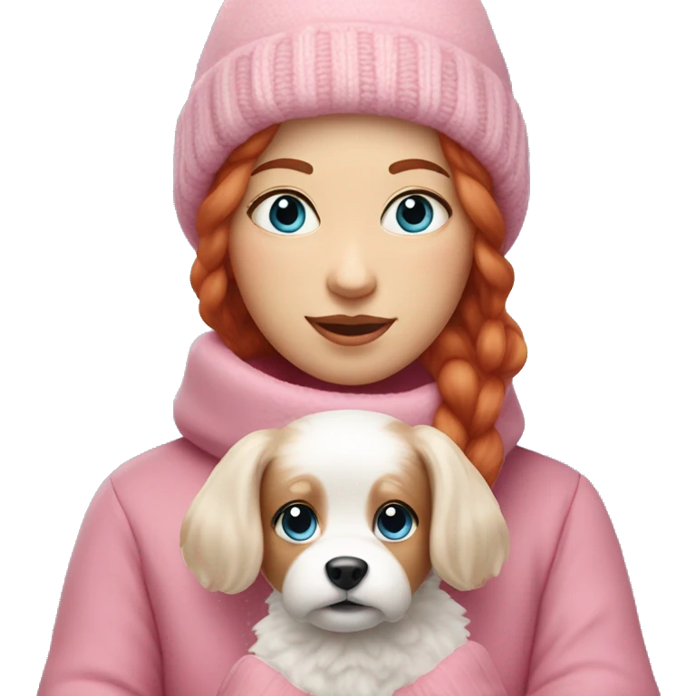 Woman with red hair and blue eyes wearing pink winter clothes holding a small white dog with fluffy fur  emoji